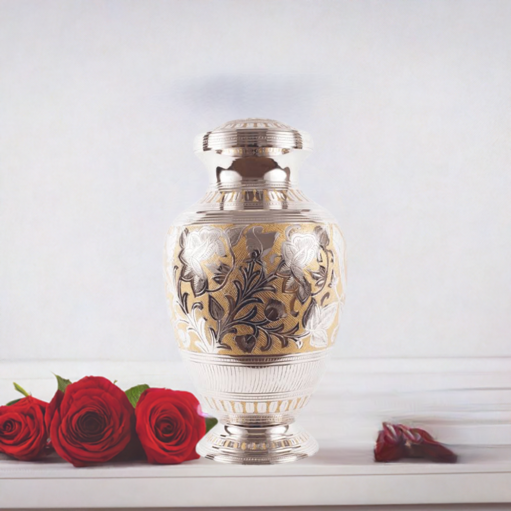 Double Silver & Gold Floral Ashes Urn - Image 2